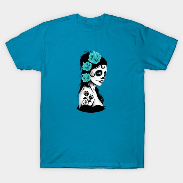 Teal Blue Day of the Dead Sugar Skull Girl T-Shirt by jeffbartels